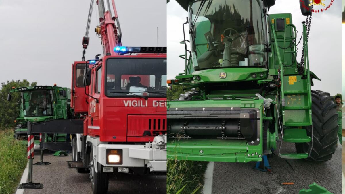 Mietitrebbia perde una ruota e rischia di ribaltarsi - 