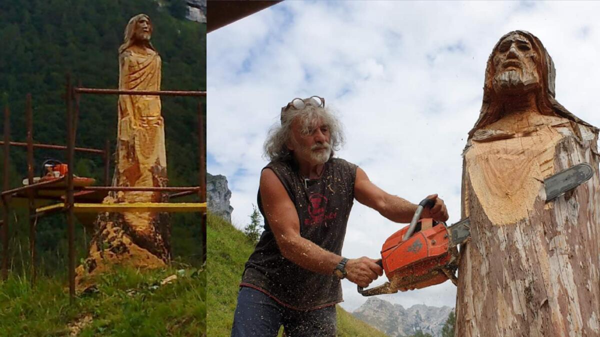 Mauro Corona trasforma in Cristo un albero abbattuto dalla tempesta Vaia - 