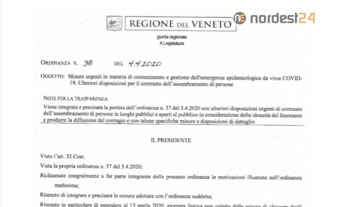 Coronavirus, nuova ordinanza di Zaia ad integrazione, 04/04/2020 - PDF - 