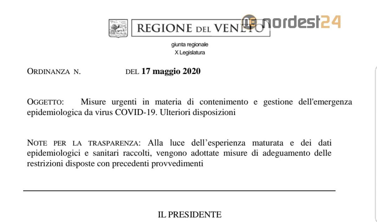 Ordinanza Veneto 17/05/2020, Zaia ha firmato: scarica PDF - 
