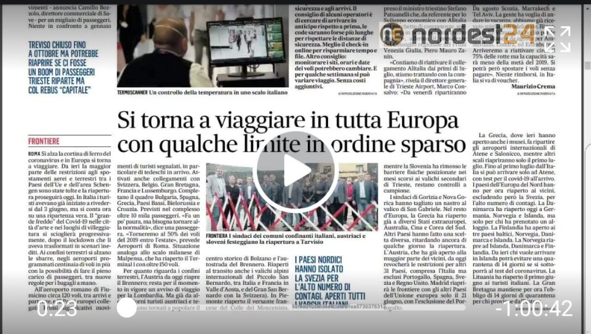 Si torna a viaggiare in Europa. Rassegna stampa 16 giugno - 