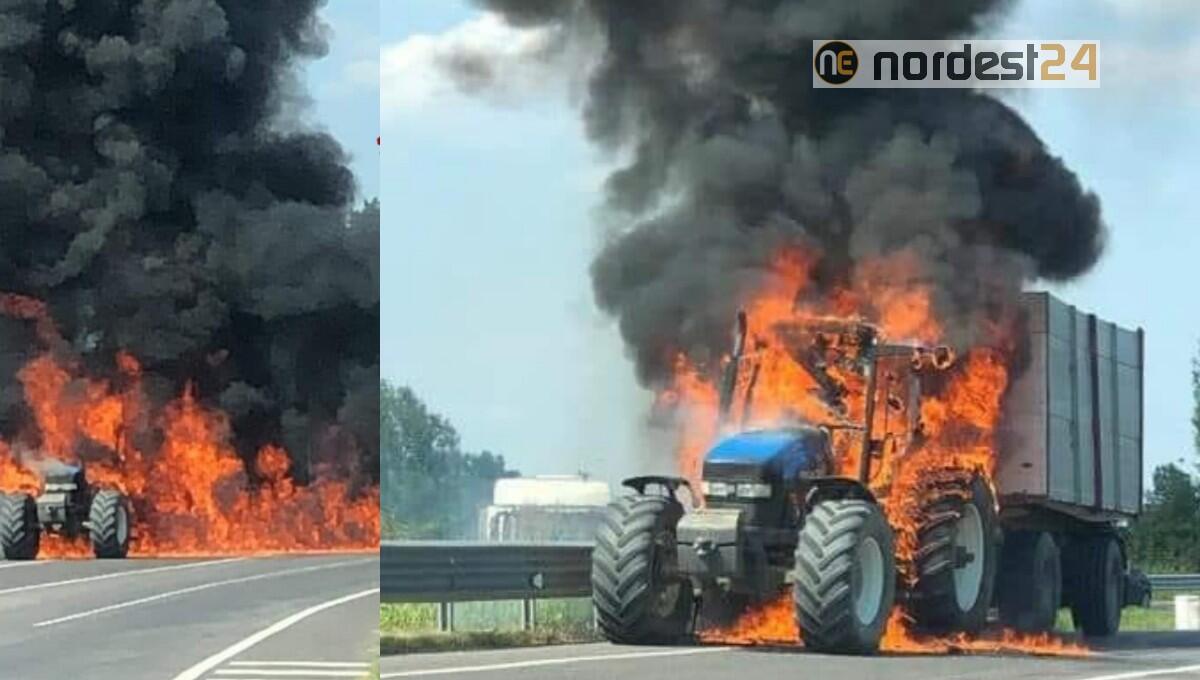 Incendio di un trattore: strada chiusa, mezzo agricolo distrutto - 