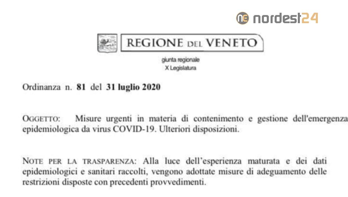 Firmata la nuova ordinanza in Veneto del 31/07/2020. Il testo - 