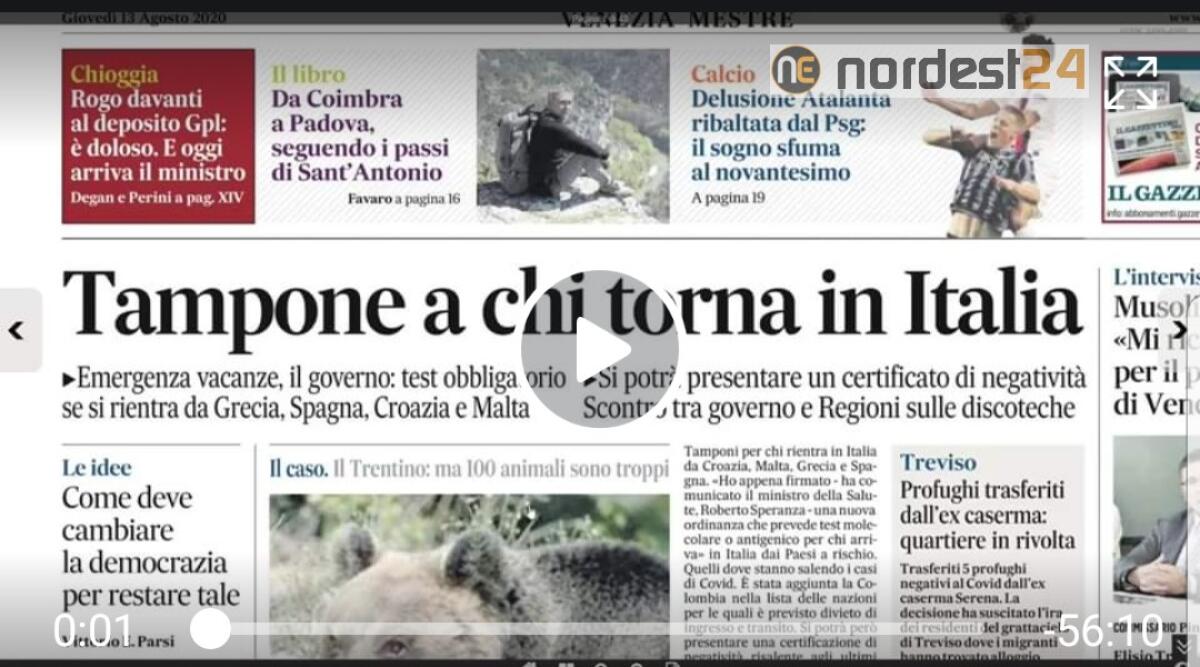 Tampone obbligatorio per chi rientra. Rassegna stampa 13 agosto - 