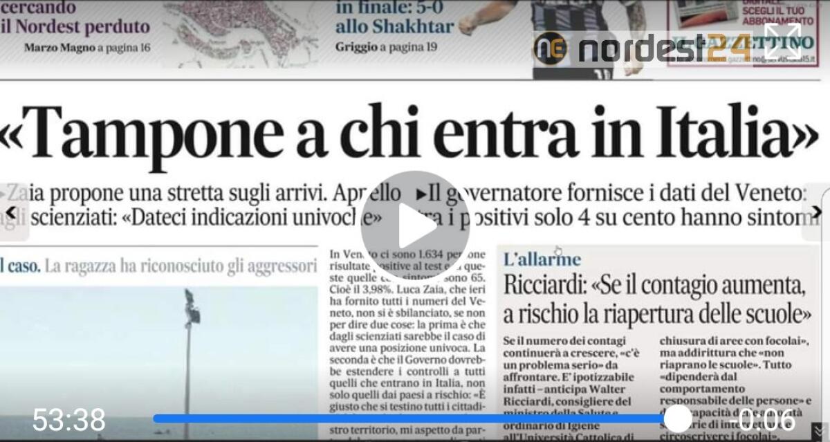 Tampone a chi entra in Italia, la proposta. Rassegna stampa 18 agosto - 