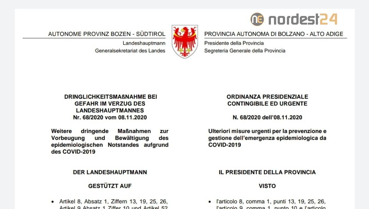 Ecco l'Ordinanza Pdf: da mezzanotte Alto Adige in zona rossa - 