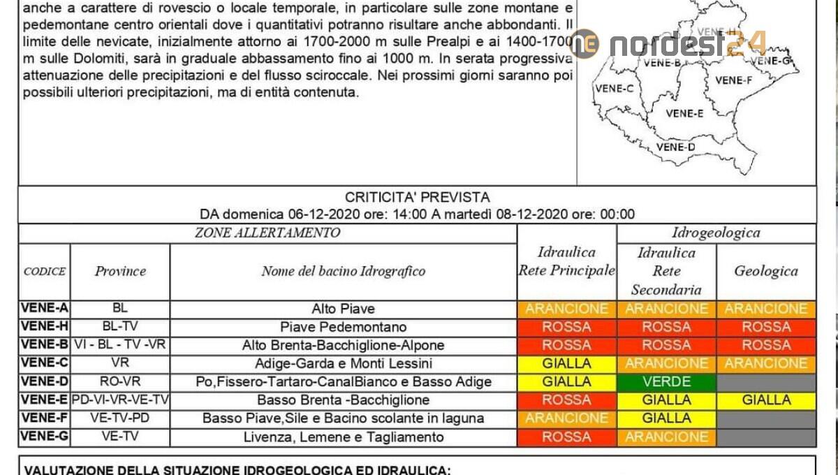 Maltempo, stato di allarme per Bacchiglione, basso Brenta, Livenza e bacini Piave - 