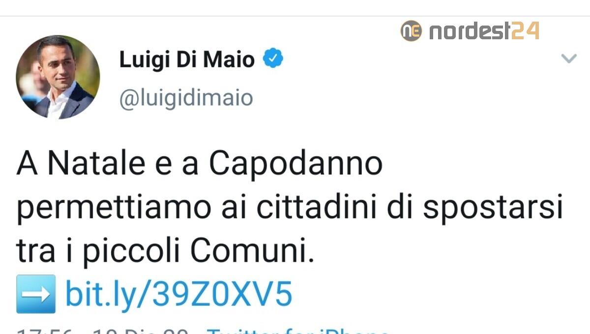 Di Maio: "A Natale e a Capodanno permettiamo ai cittadini di spostarsi tra i piccoli Comuni" - 