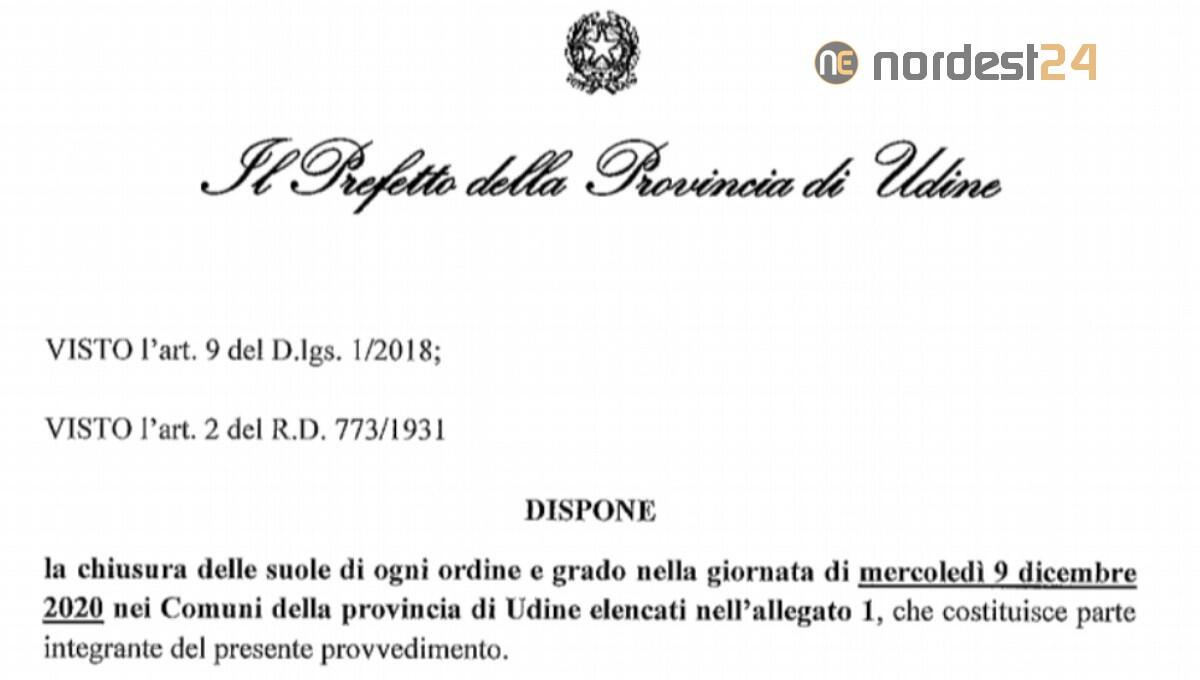 Maltempo Fvg: 9 dicembre scuole chiuse. Elenco Comuni - 