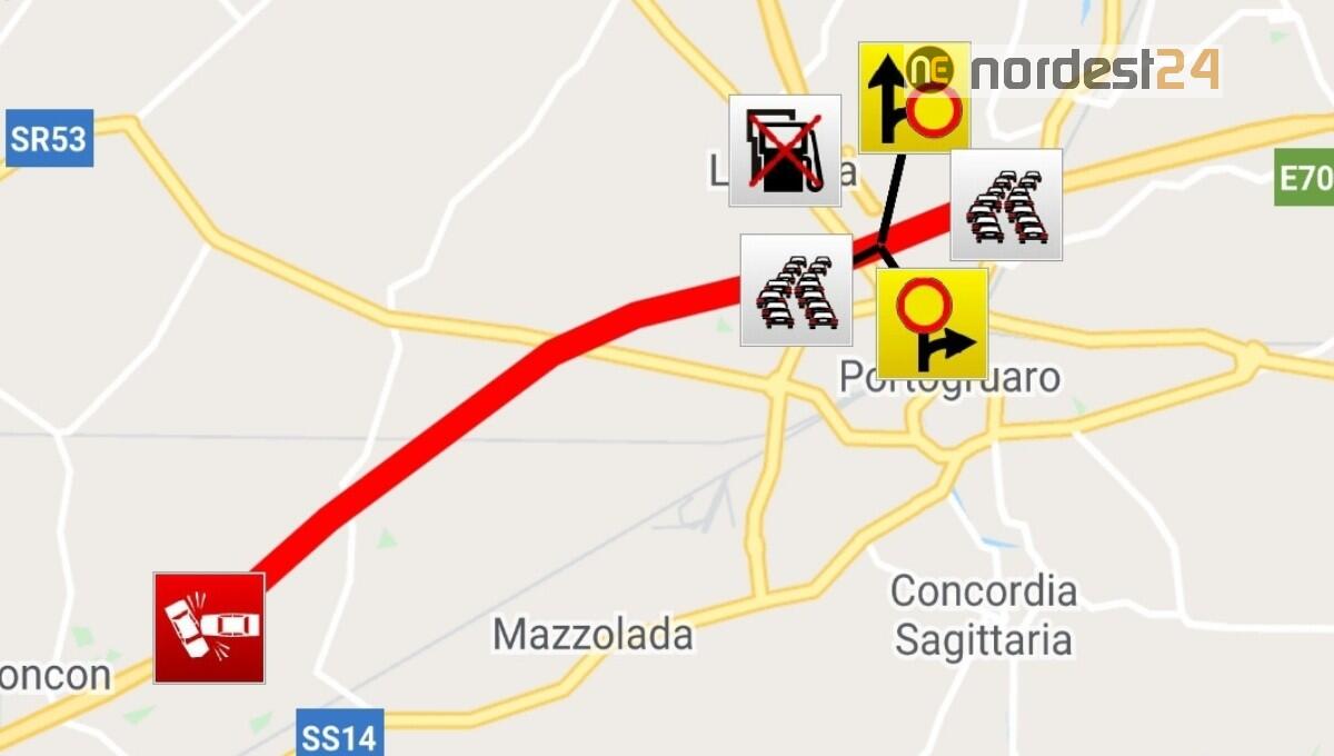 Incidente in A4: chiuso il tratto Nodo di Portogruaro - San Stino - 