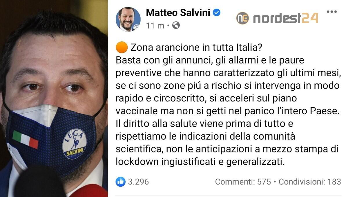 Salvini: "tutta Italia arancione? Basta panico. Chiusure circoscritte" - 
