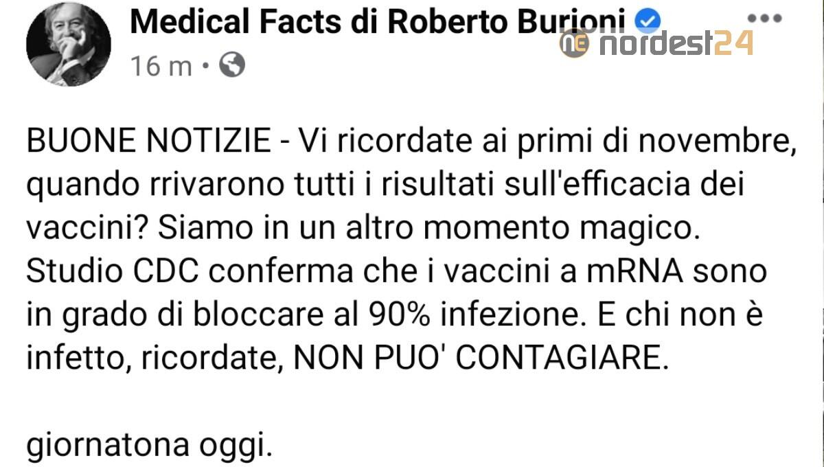 Burioni: "studio conferma, vaccino blocca infezione al 90%, non contagia" - 