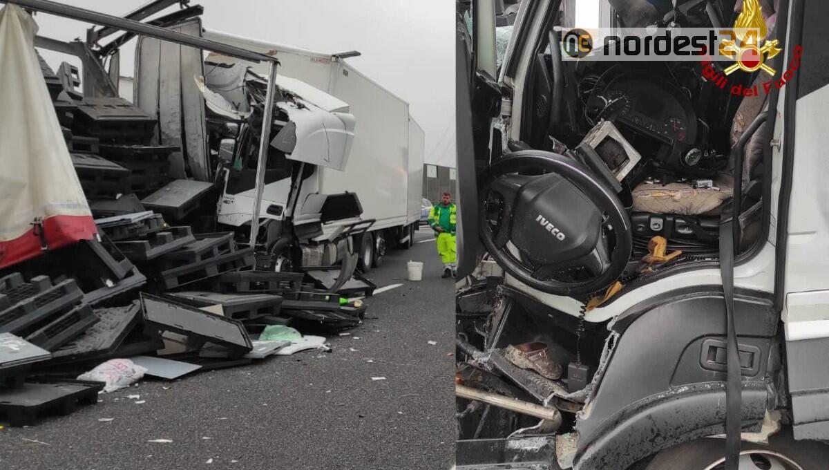 Tamponamento in A4 tra due Tir: ferito un autista, incastrato nella cabina - 