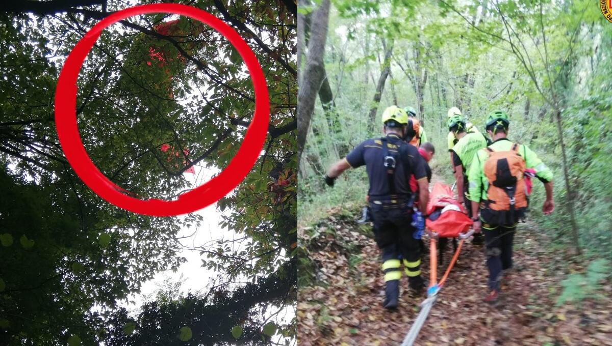 Meduno. Parapendista cade e rimane sospesa su un albero spaccato - 
