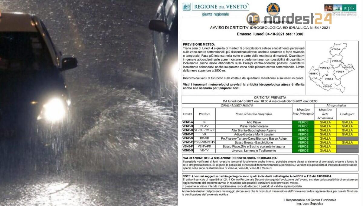 Allerta meteo in Veneto: piogge intense nella notte e nella mattina di martedì - 