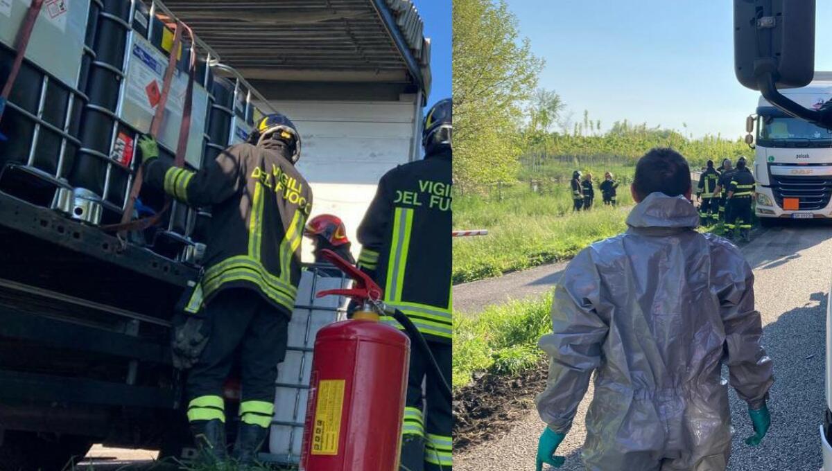 Camion perde resina bicomponente in A4: intervento dei pompieri - 