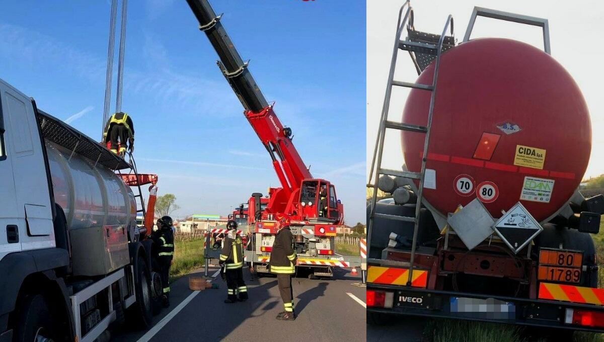 Cisterna con 13mila litri di acido cloridrico fuori strada sulla Pontebbana - 