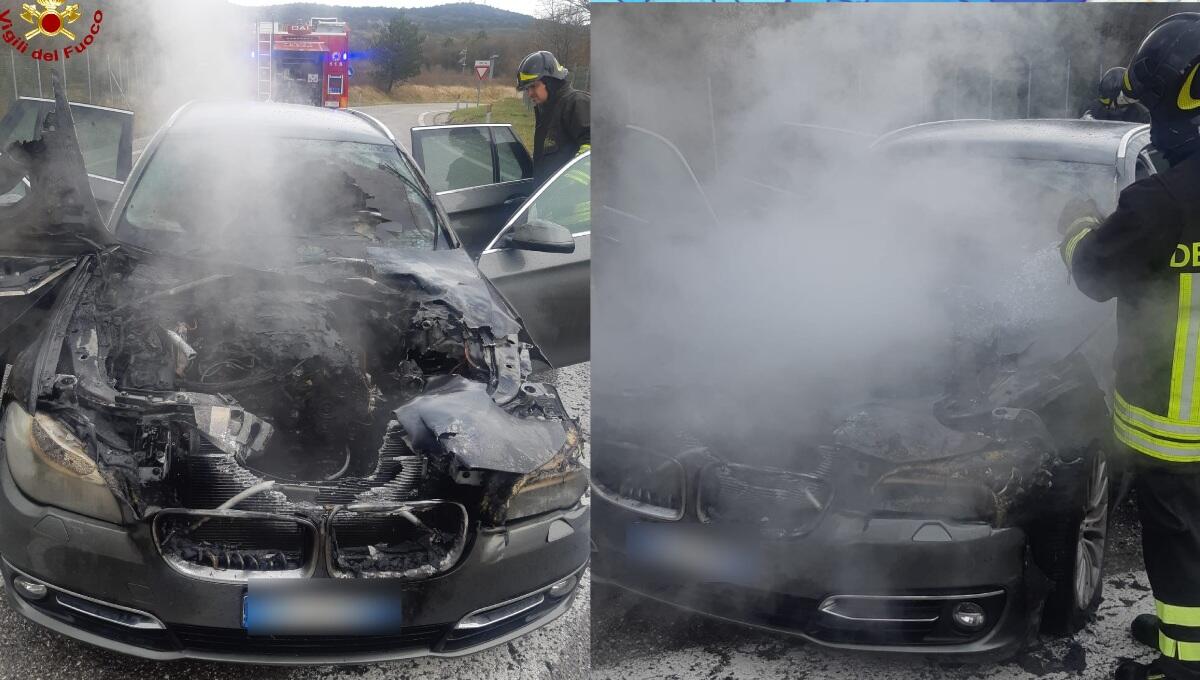 Vede il fumo uscire dal cofano, poi la BMW 525 prende fuoco: conducente in salvo - 