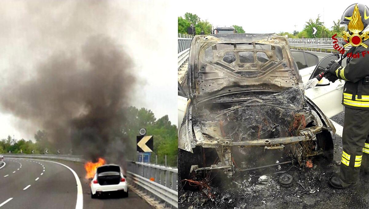 L'auto prende fuoco in A23, il conducente scende appena in tempo - 