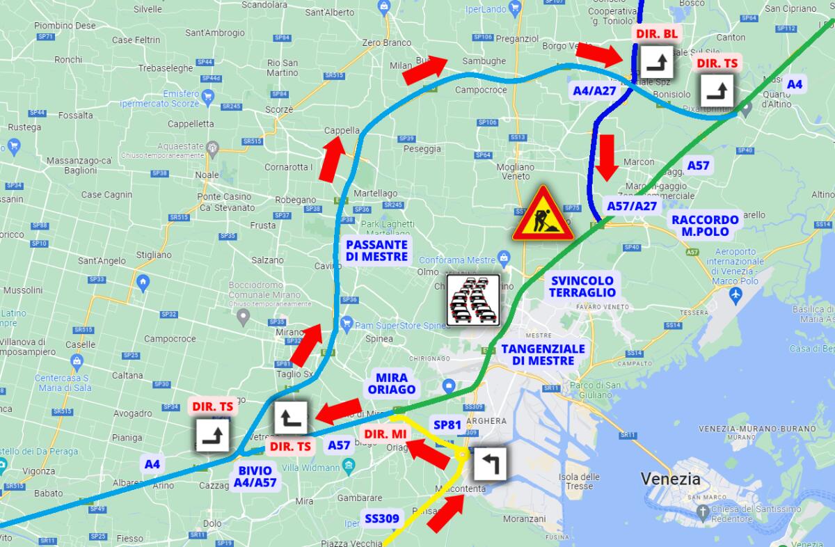 Weekend di lavori in Tangenziale di Mestre in direzione Trieste - 