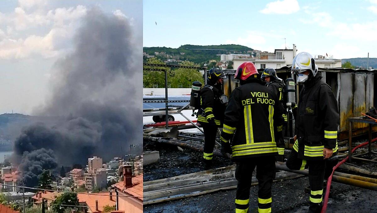 Incendio a Trieste, brucia il tetto di un capannone commerciale in costruzione - 