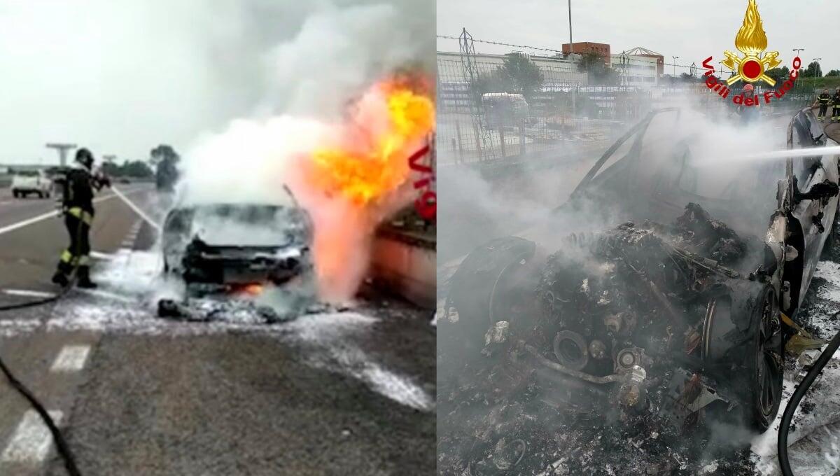 Jaguar a fuoco in A4: auto distrutta, illeso l'autista - 