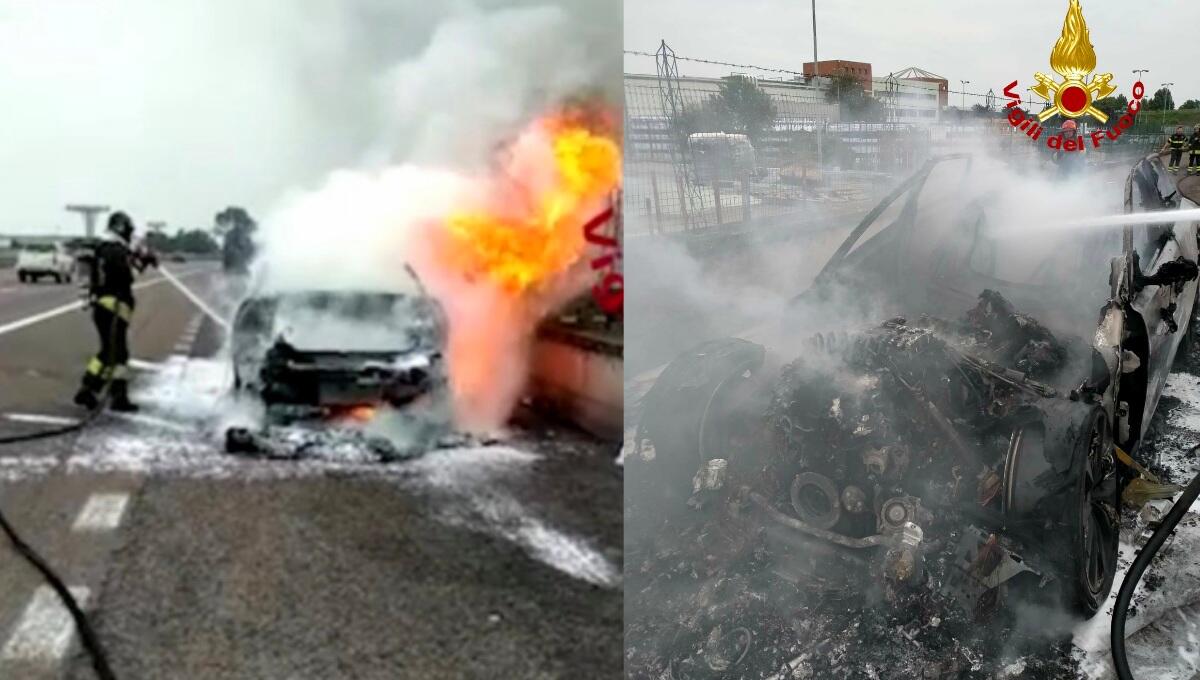 Jaguar a fuoco in A4: auto distrutta, illeso l'autista - 