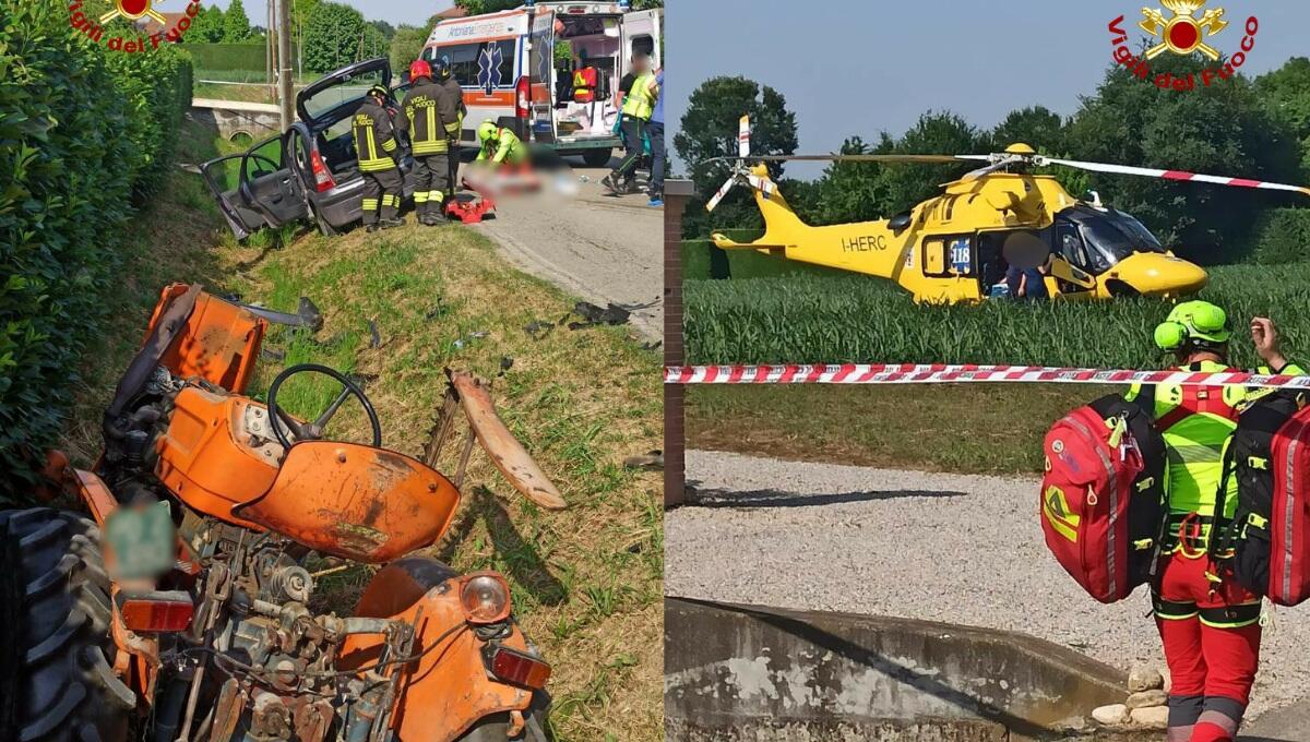 Pauroso scontro tra auto e trattore, interviene l'elicottero: due feriti - 