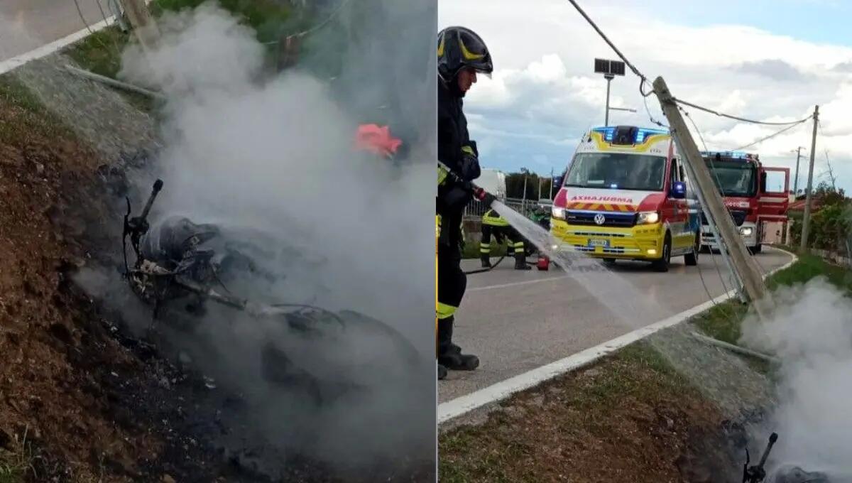 Schianto contro il palo che si spezza, la moto si incendia: grave centauro - 