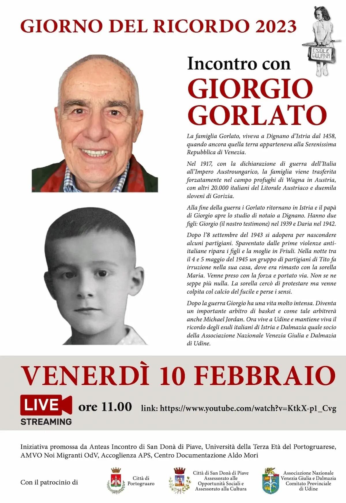 Giorno del Ricordo: il 10 febbraio la testimonianza dell’esule istriano Giorgio Gorlato - 