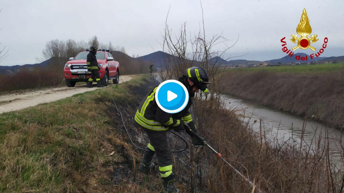 A fuoco un migliaio di metri quadri di erba secca lungo la sponda del canale - 