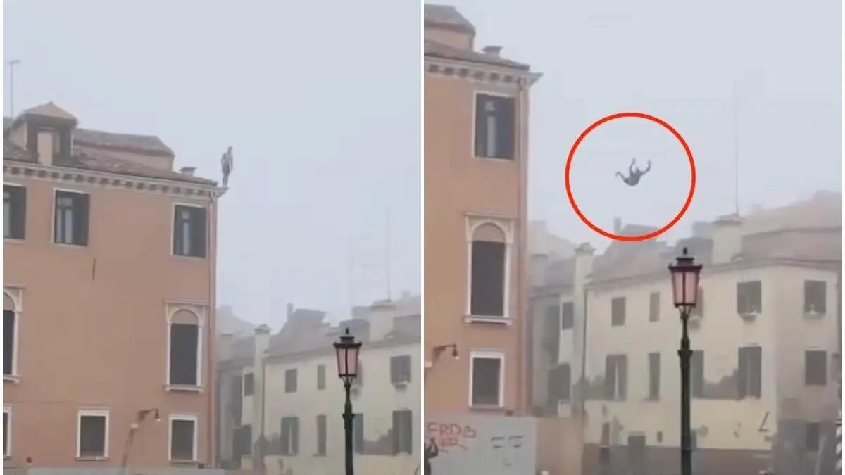 Tuffo nel canale dal tetto di un palazzo a Venezia. Il video - 