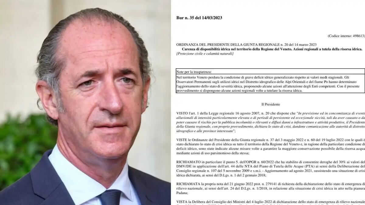 Siccità, Zaia ha firmato l'ordinanza anti-spreco: in vigore da stanotte. Il testo PDF - 