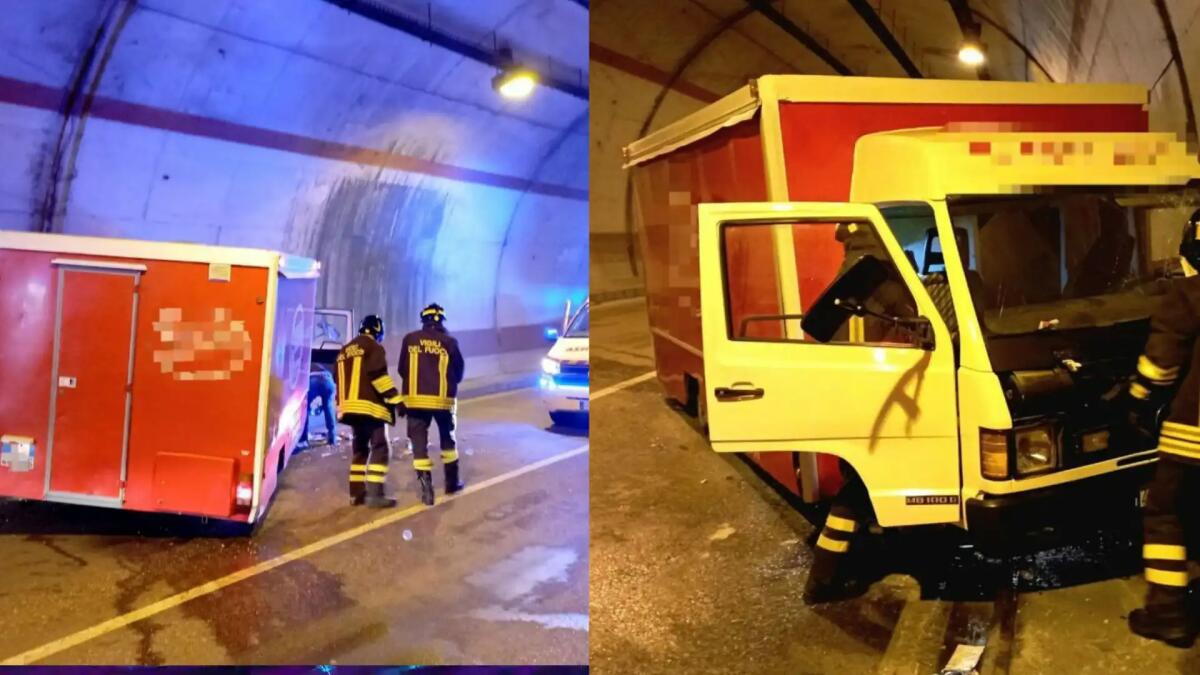 Barcis, furgone sbanda e finisce contro la parete della galleria - 