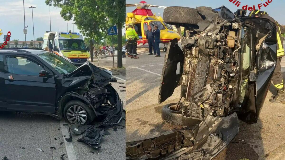 Terribile frontale, un'auto si ribalta: conducente incastrato, ferito -