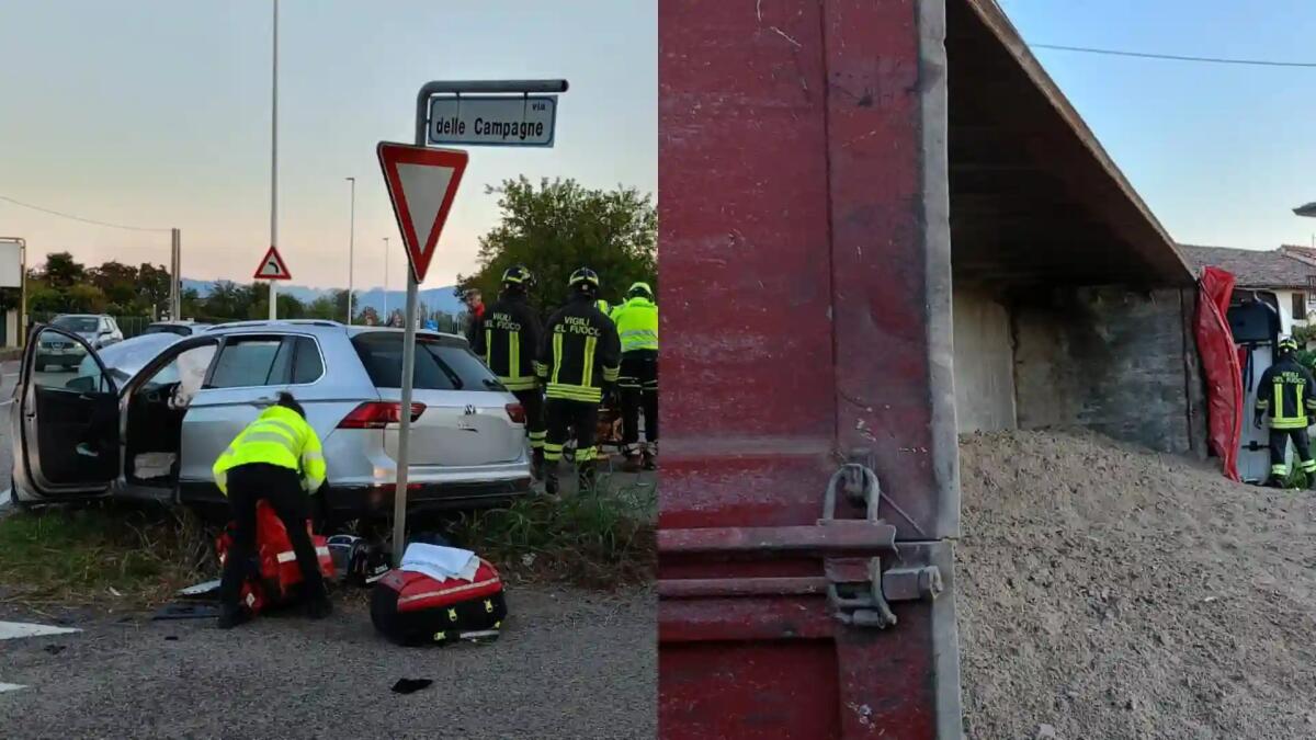 Scontro tra auto e camion che si ribalta e riversa il carico di ghiaia in strada: un ferito - 