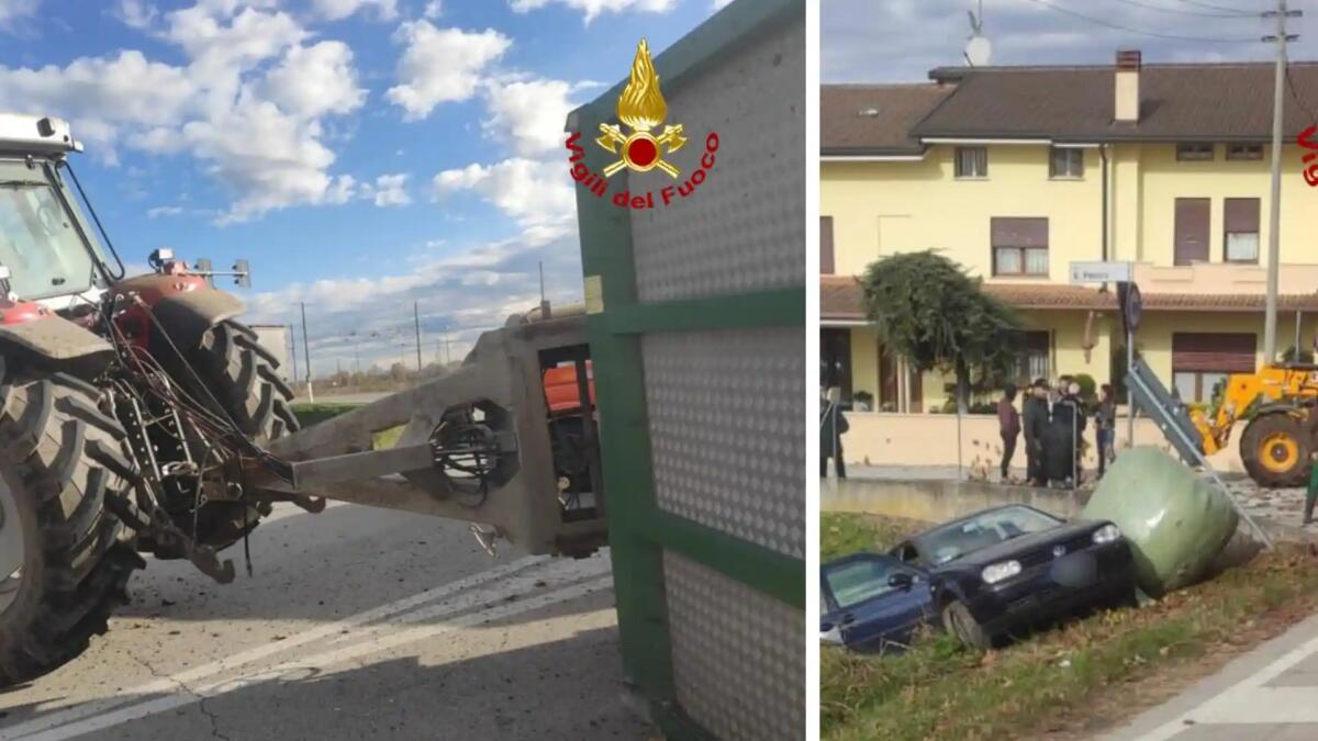 Il carro si rovescia, perde le rotoballe che colpiscono un'auto: ferita una donna - 