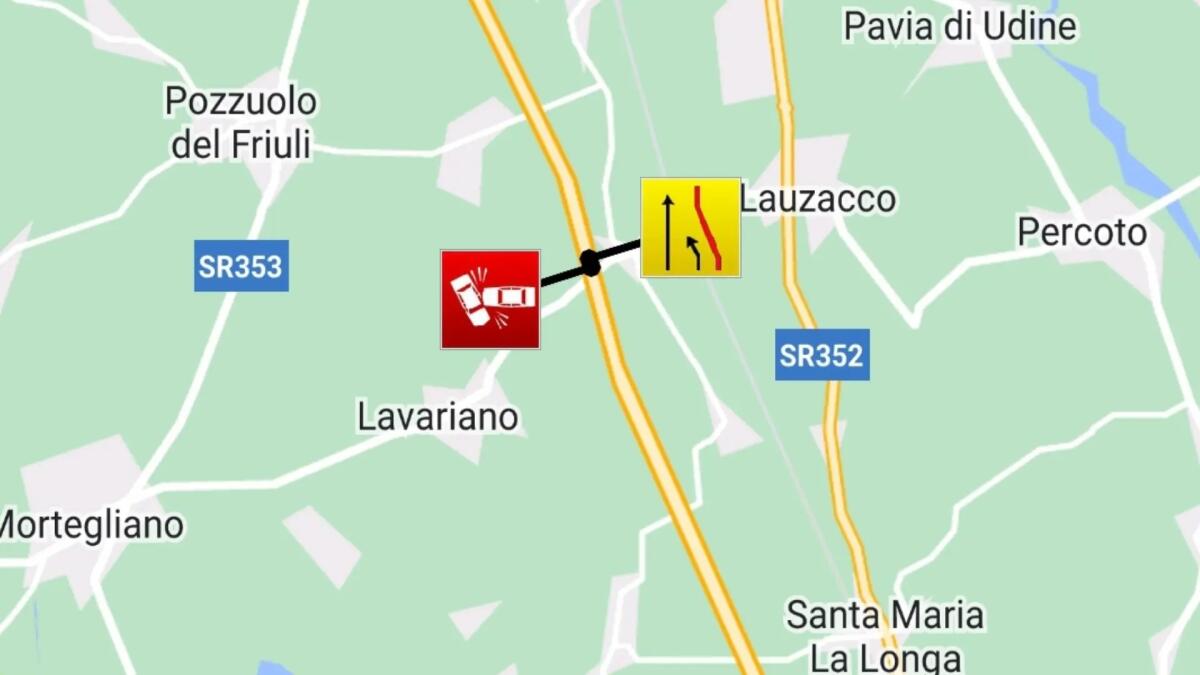 Incidente in A23 tra Udine Sud e Nodo di Palmanova: due auto fuori strada -