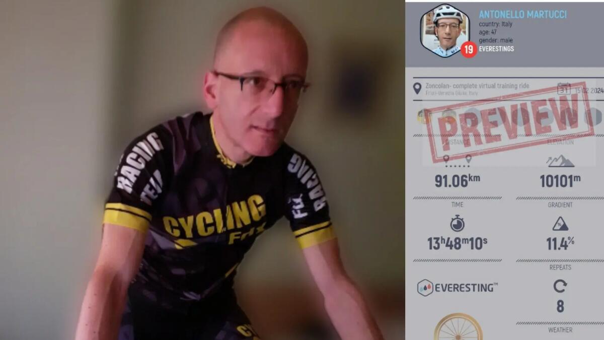 Ciclismo indoor, Antonello Martucci conquista lo Zoncolan nel Challenge Everesting - 
