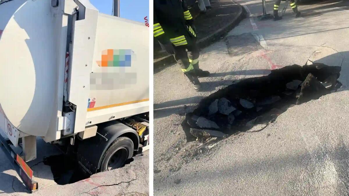 Voragine nella strada, camion dei rifiuti “inghiottito”: nessun ferito - 