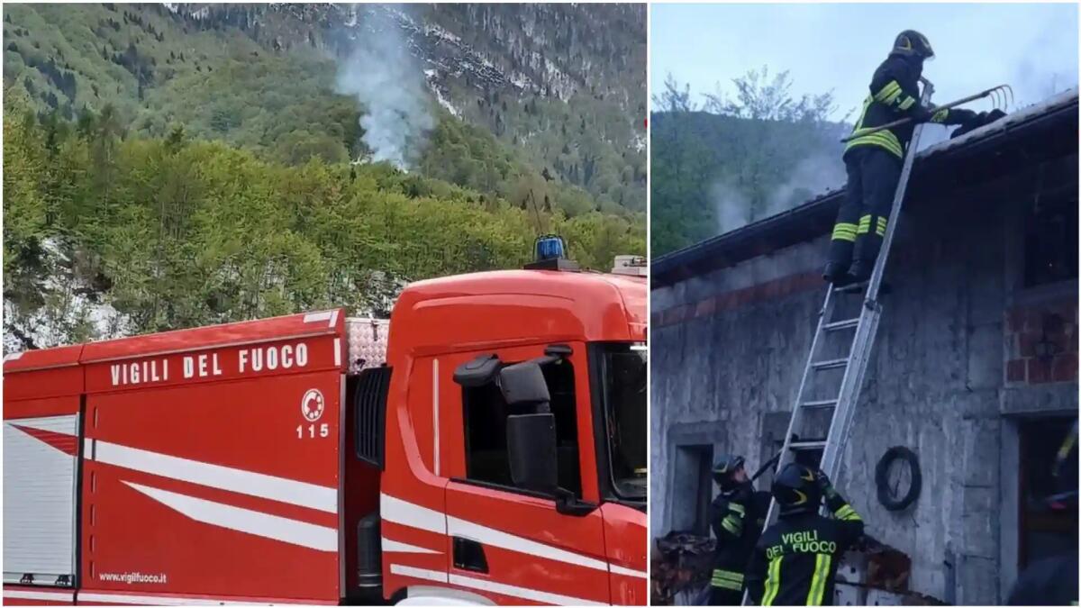 Claut. Edificio rurale in zona impervia avvolto dalle fiamme - 