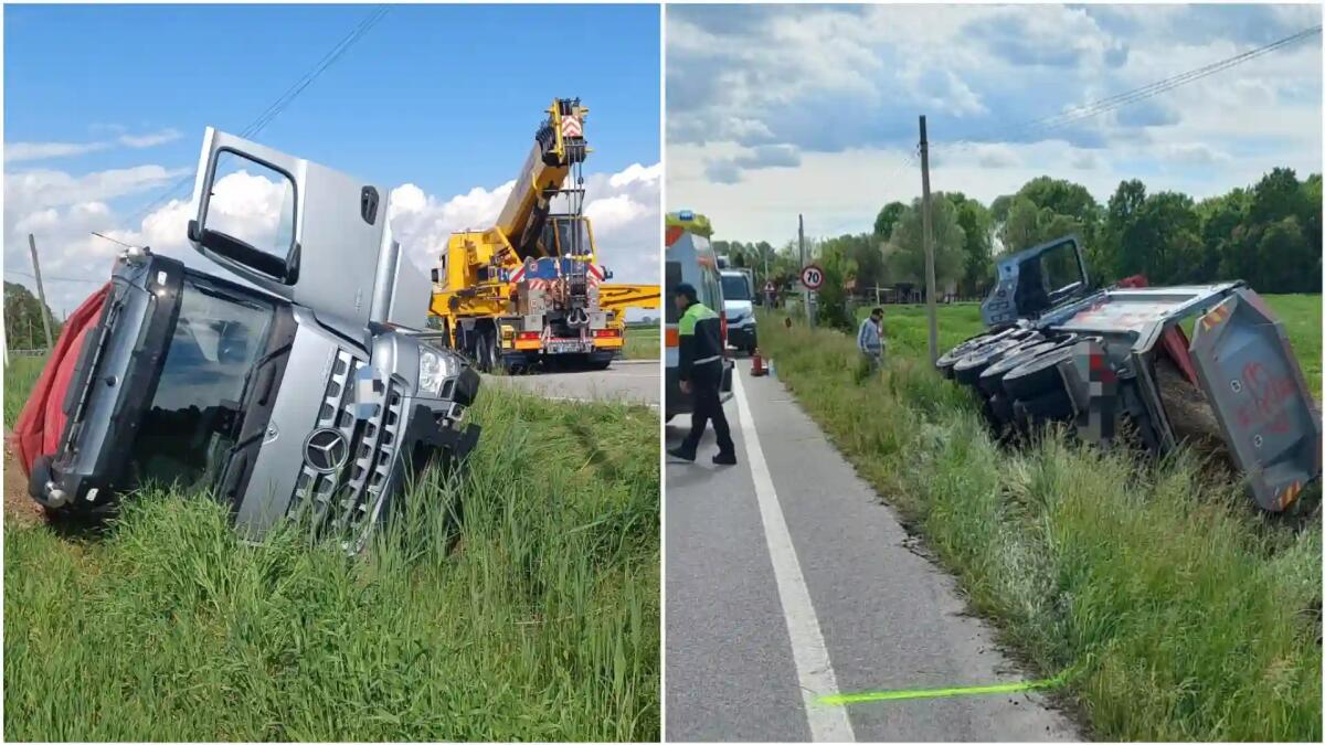 Camion finisce nel fossato a Madrisio di Varmo per evitare il frontale con un'auto pirata - 