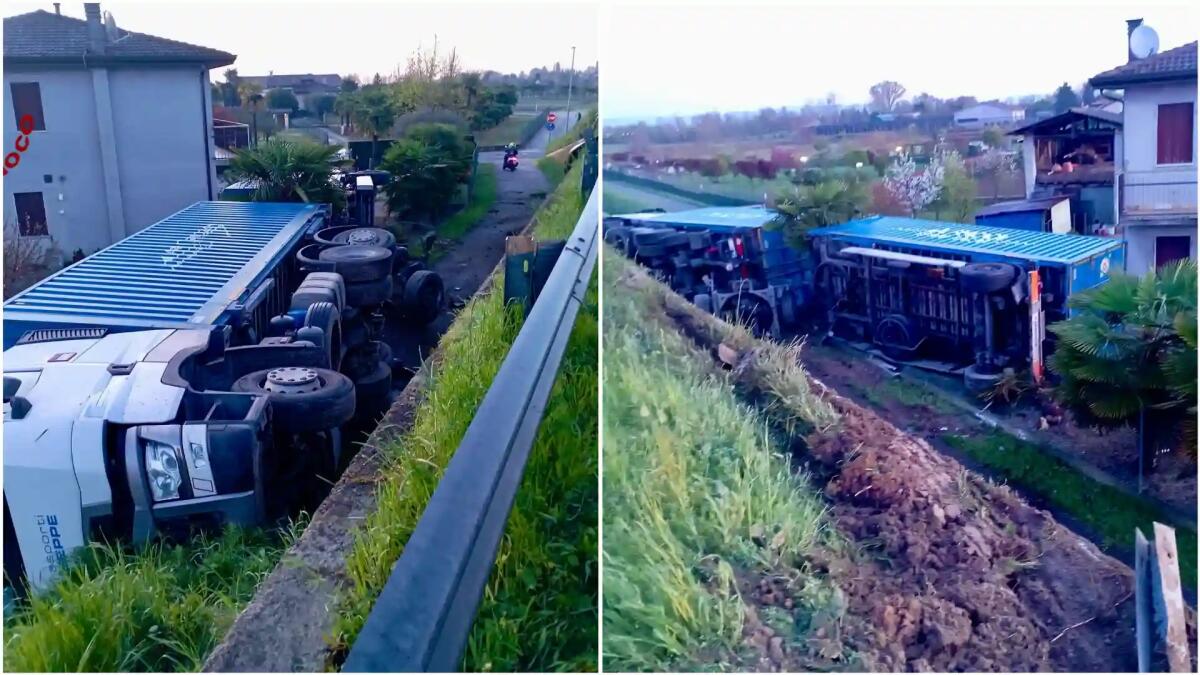 Camion a rimorchio finisce fuori strada e si ribalta, circolazione bloccata - 