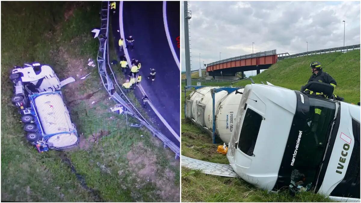 Autocisterna del latte vola fuori strada allo svincolo: ferito l'autista - 