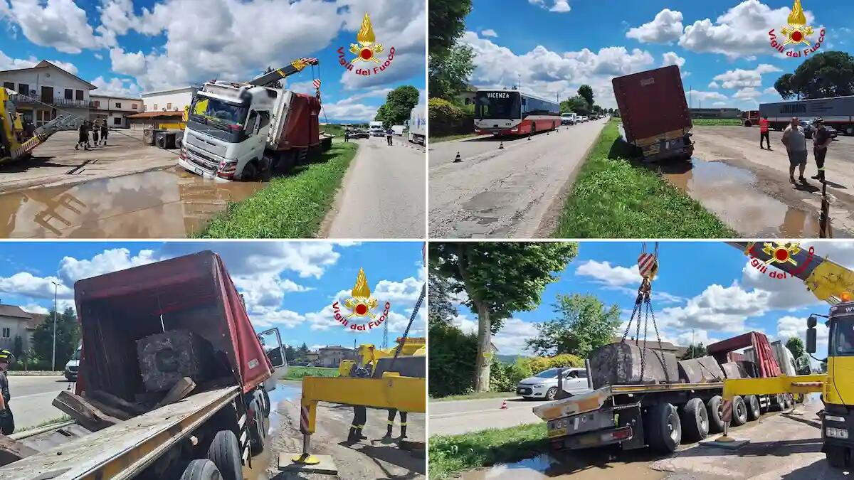 Trasporto eccezionale finisce in una canaletta di scolo rischiando di rovesciarsi - 