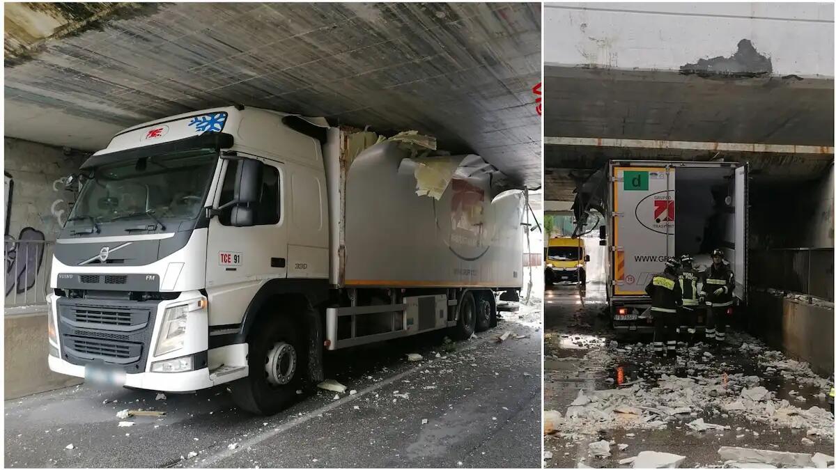 L'autista sbaglia le misure, il camion frigo si incastra nel sottopasso ferroviario - 