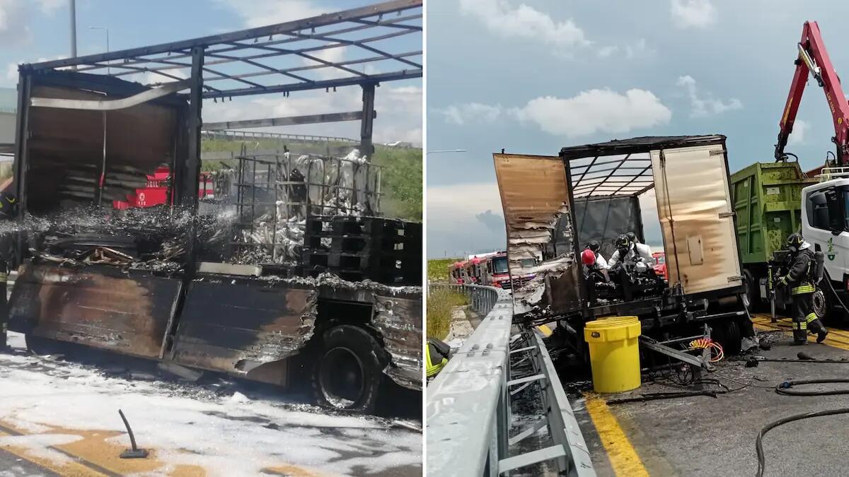 Semirimorchio a fuoco sull'A4: bruciate batterie al litio, pannelli solari e lampade al neon - 