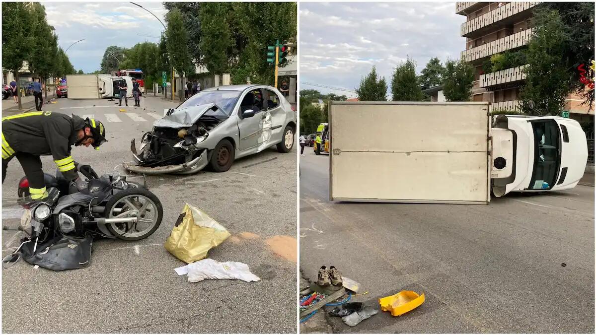 Scontro tra auto, ciclomotore e un furgone che si rovescia: 3 feriti - 