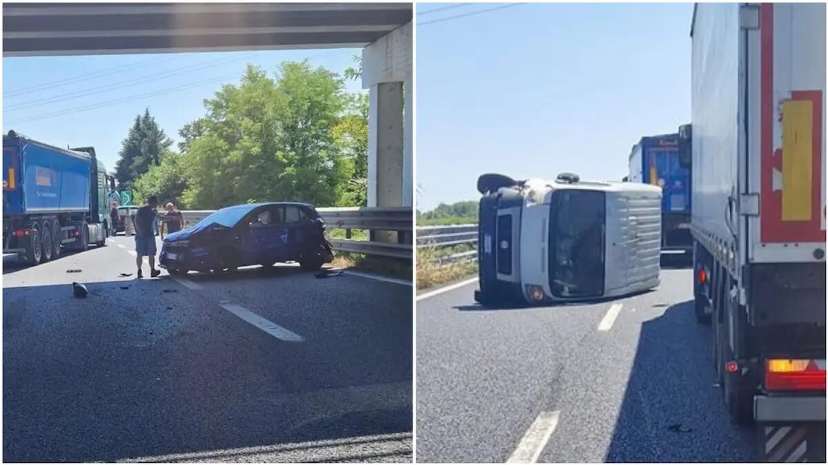 Incidente in A28, furgone si ribalta dopo lo scontro con un'auto: traffico in tilt - 