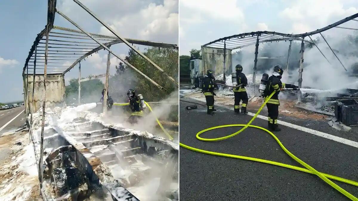 A fuoco un mezzo pesante che trasposta merci pericolose, Autostrada chiusa -